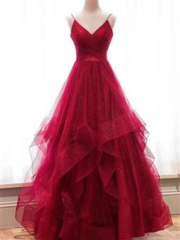 Picture of Wine Red Color Layers Tulle V-neckline Straps Formal Dresses, Wine Red Color Evening Dresses Party Dresses